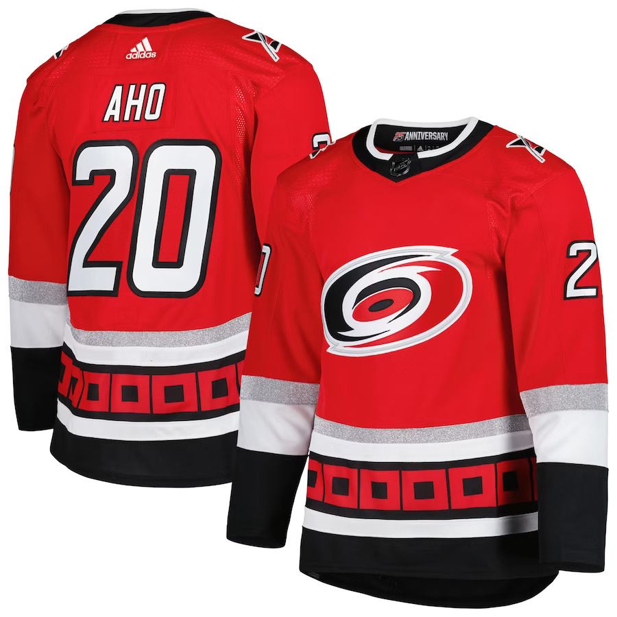 Men Carolina Hurricanes 20 Sebastian Aho adidas Red 25th Anniversary Authentic Pro Primegreen Player NHL Jersey